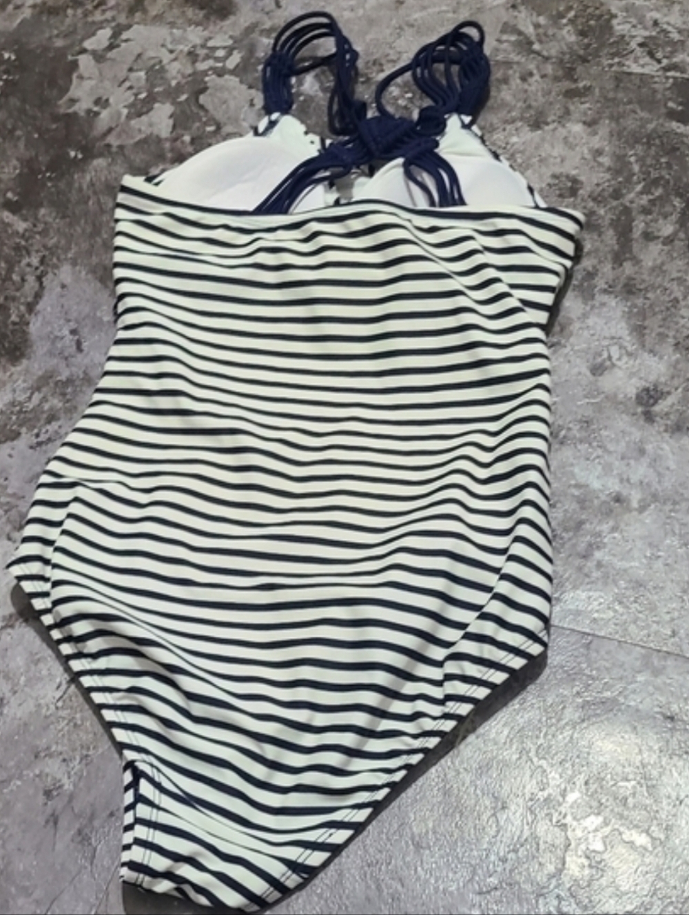 Kona Sol Size M One Piece Swimsuit Striped Nautical Navy White Strappy Back - Picture 2 of 4